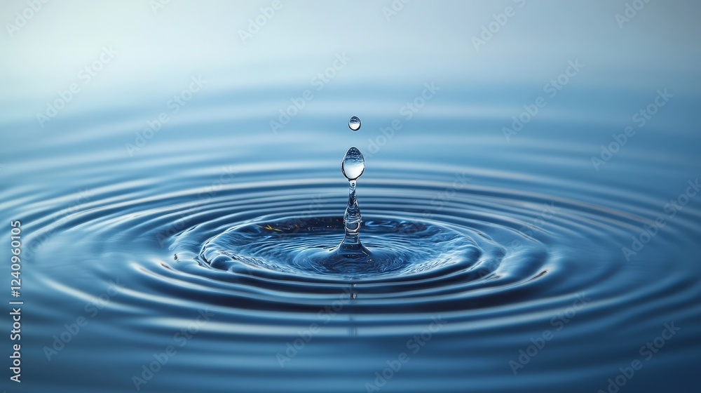Close-Up of Water Droplet Creating Ripples on Calm Blue Surface Reflecting Daylight for Environmental and Nature Backgrounds Close-Up of Water Droplet Creating Ripples on Calm Blue Surface Reflecting Daylight for Environmental and Nature Backgrounds