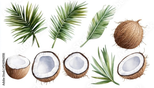 Tiny palm leaf with a little coconut collection, Watercolor style, isolated on white background, clipart