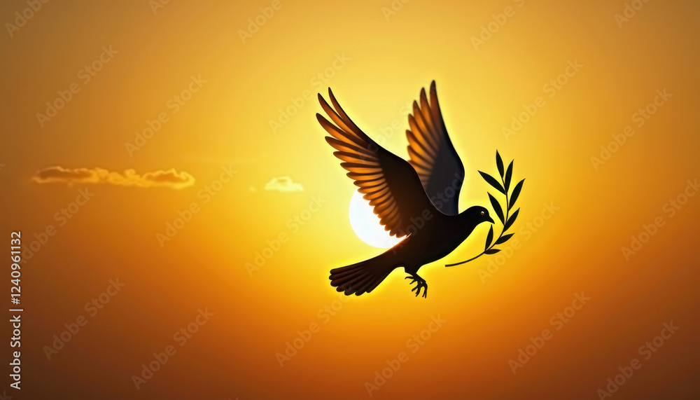 Fototapeta premium Symbolic Dove with Olive Branch Silhouetted Against Warm Sunset Glow 