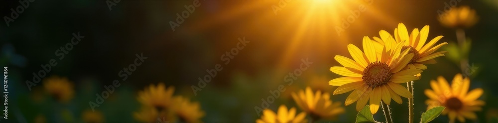 Obraz premium Yellow flowers lit by warm sunlight on a dark background, darkness, contrast, light