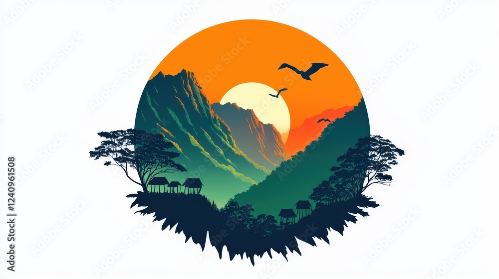 Vibrant Logo Design of Radiant Dawn Over Lush Mountains and Silhouetted Trees Against a Soft White Background Vibrant Logo Design of Radiant Dawn Over Lush Mountains and Silhouetted Trees Against a Soft White Background