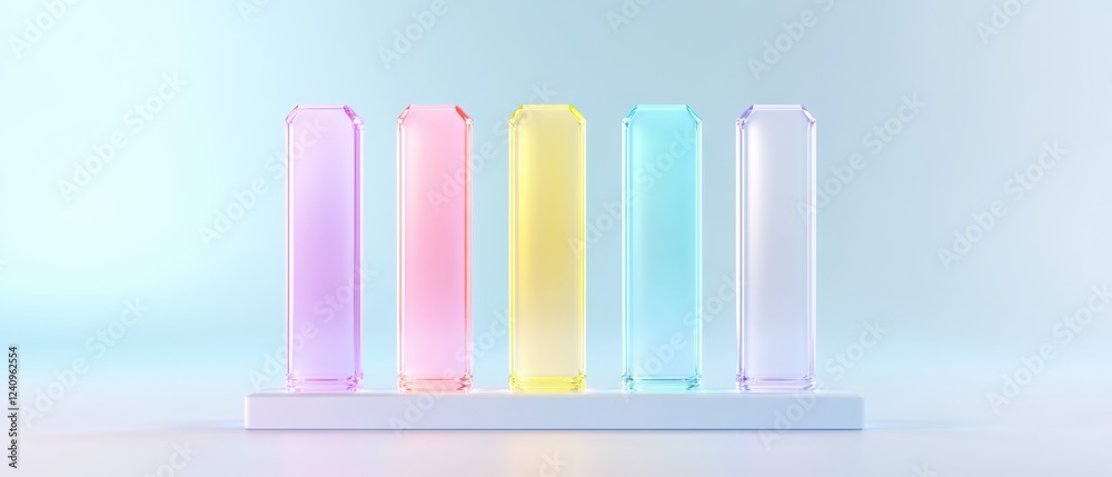 A minimalist display of five pastel test tubes arranged on a white base, showcasing soft colors against a light background. A minimalist display of five pastel test tubes arranged on a white base, showcasing soft colors against a light background.