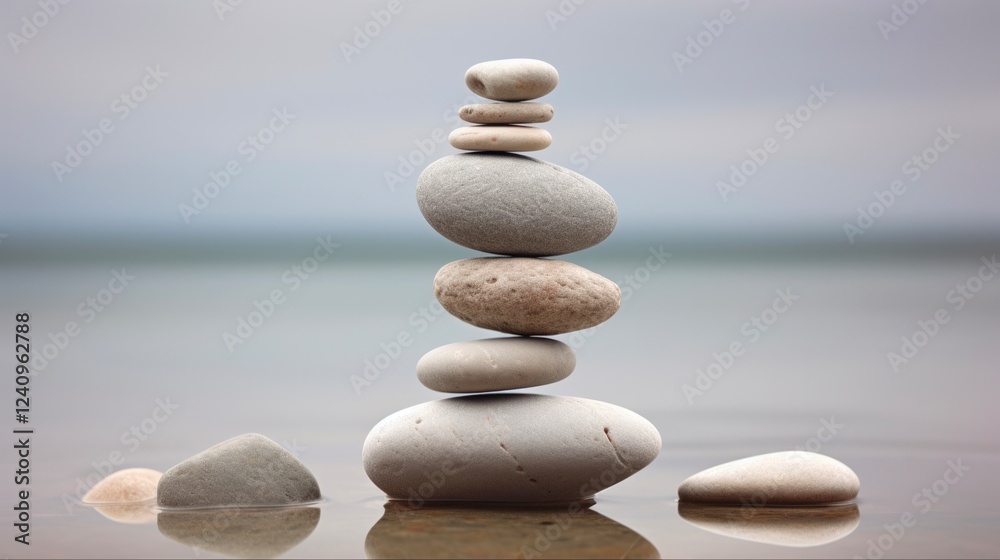 Balancing Stones. Conceptualizing the art of balance with white pebble rocks on a serene background Balancing Stones. Conceptualizing the art of balance with white pebble rocks on a serene background