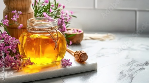 Glass jar of honey on kitchen countertop with flowers and wooden utensils in background