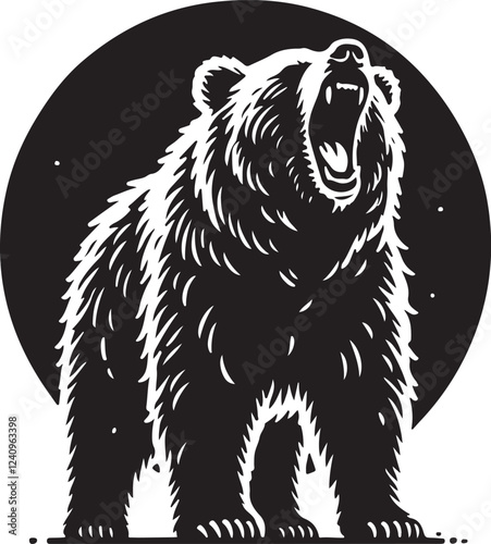 brown bear silhouette.Artistic Illustration of Roaring Bear in Black and White

