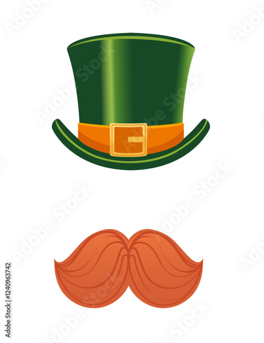 Stylized face with leprechaun-style hat and orange mustache. Vintage design. Vector illustration isolated on white background