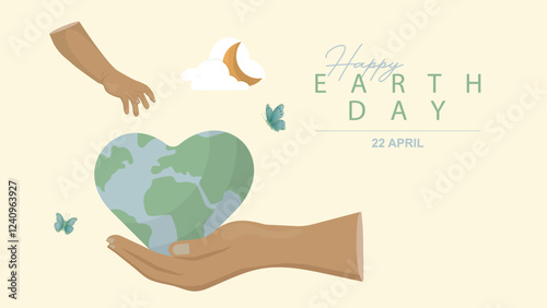 Happy Earth Day banner. Heart-Shaped Earth in Caring Hands and a child's hand trying to grab the earth. A heart-shaped globe rests gently in cupped hands. celebrating Earth Day. Vector illustration