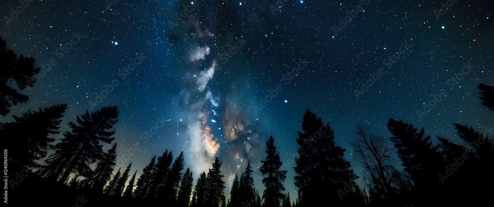 Fototapeta premium Captivating closeup of a starry night sky with a silhouette of trees below evoking feelings of wonder and the vastness of the universe