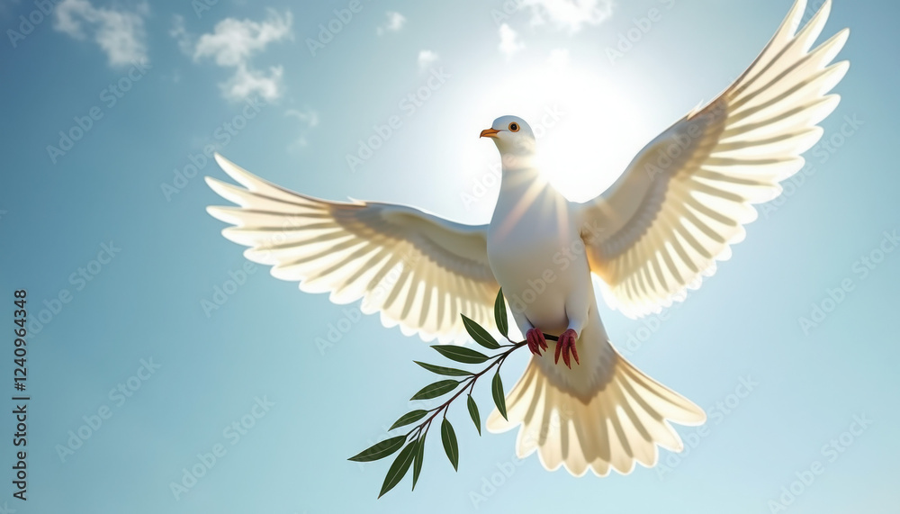 Fototapeta premium Dove of Peace Soaring Through Bright Blue Sky with Olive Branch