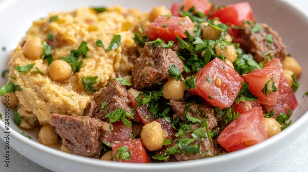 Hearty beef and chickpea stew with hummus, tomatoes, and parsley Hearty beef and chickpea stew with hummus, tomatoes, and parsley