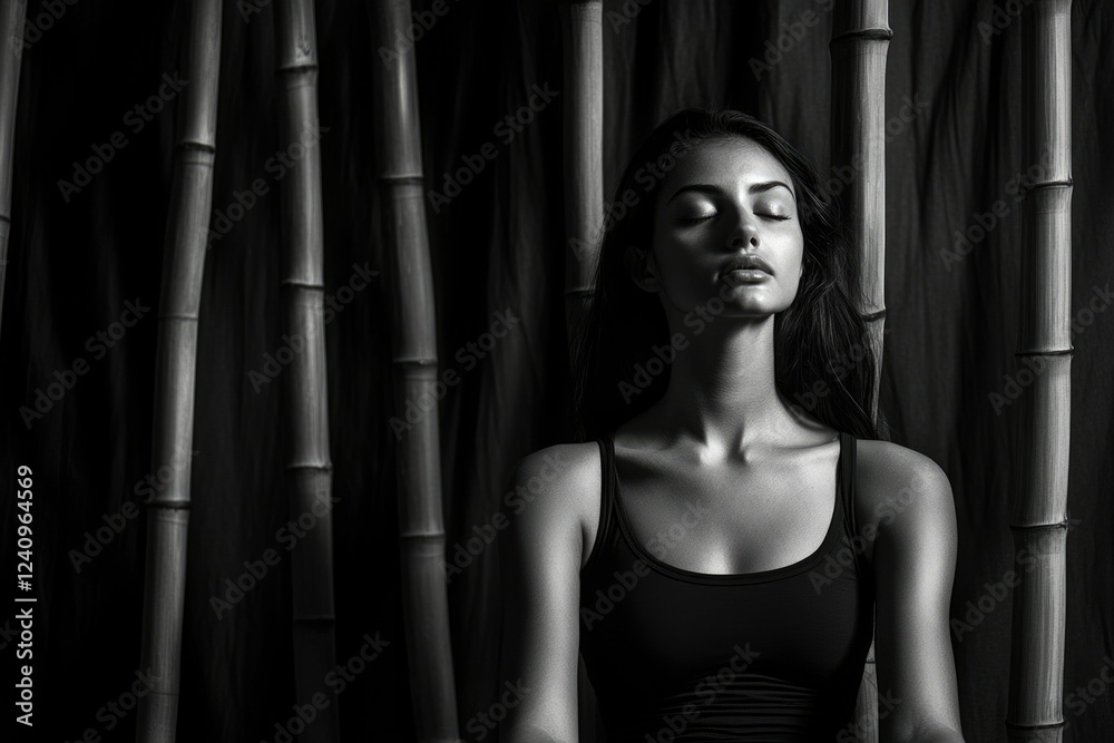 Serene woman with eyes closed, surrounded by bamboo stalks, monochrome photography.