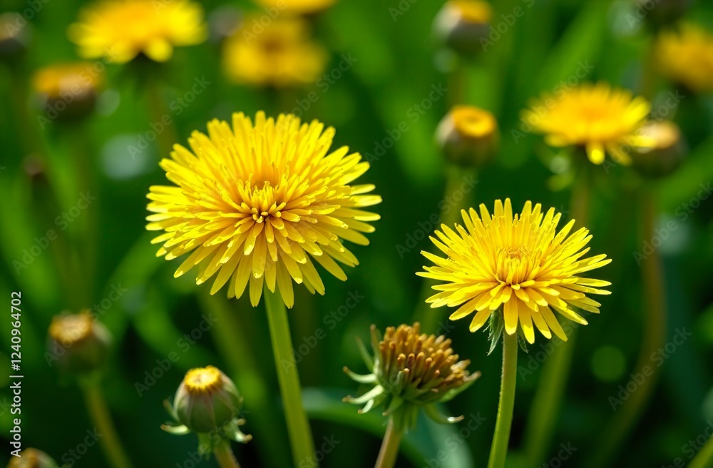 There are many medicinal dandelions on the spring lawn.