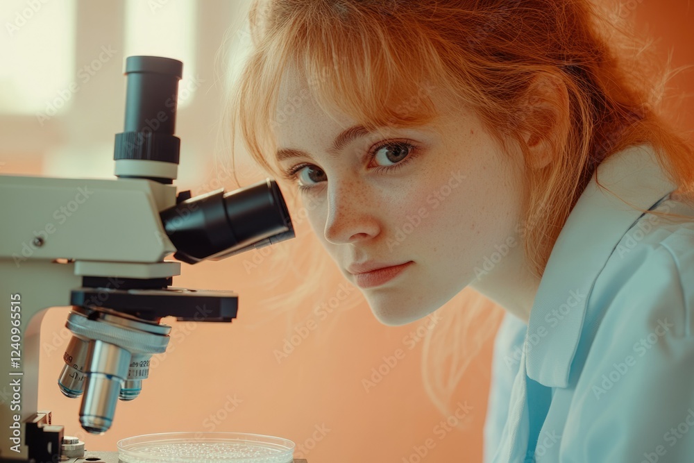 A young female scientist with red hair intently examines a sample under a microscope, engrossed in her research. A young female scientist with red hair intently examines a sample under a microscope, engrossed in her research.