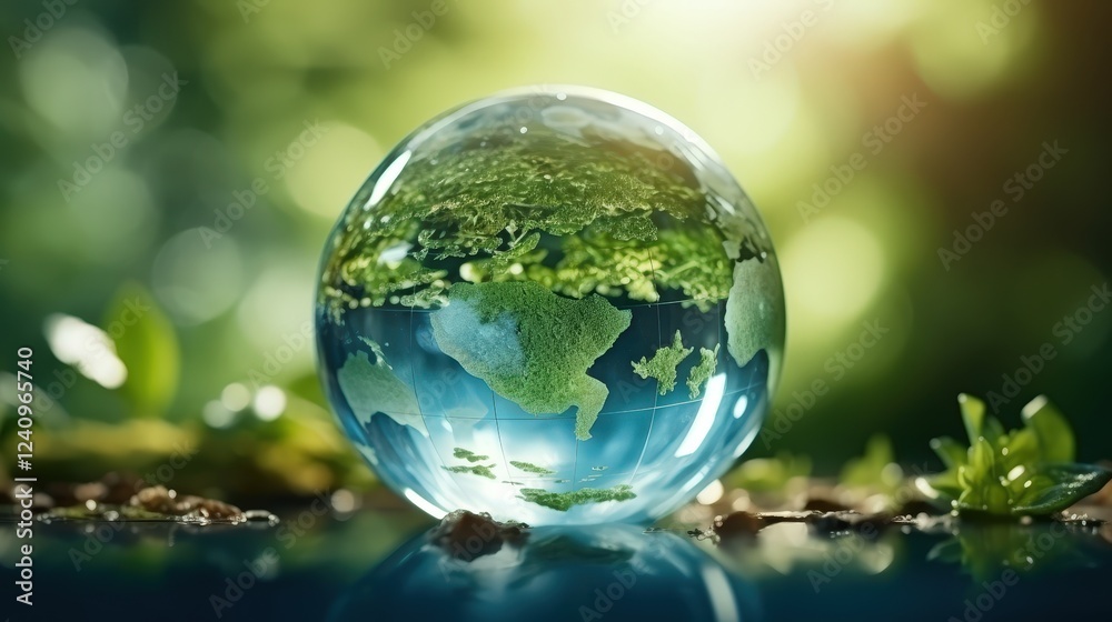 Eco-friendly Earth concept with transparent globe showcasing continents and lush greenery, emphasizing harmony between nature and environment Eco-friendly Earth concept with transparent globe showcasing continents and lush greenery, emphasizing harmony between nature and environment