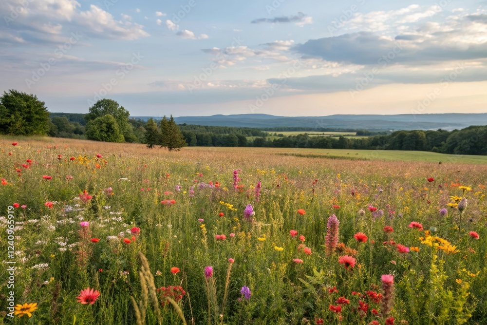 Wildflower field with blooming flowers, flowers swaying, natural scenery Wildflower field with blooming flowers, flowers swaying, natural scenery