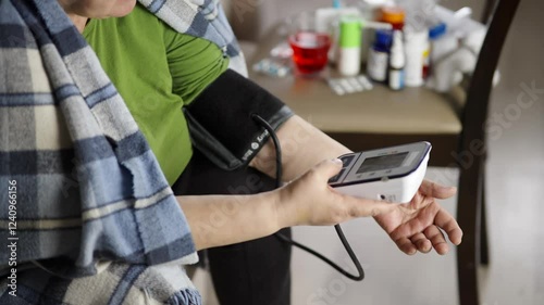 Unhealthy woman checking blood pressure hypotension diagnostic on medical tonometer photo