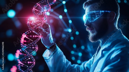 A scientist examines a glowing DNA double helix in a high-tech laboratory, symbolizing advancements in genetics and biotechnology.