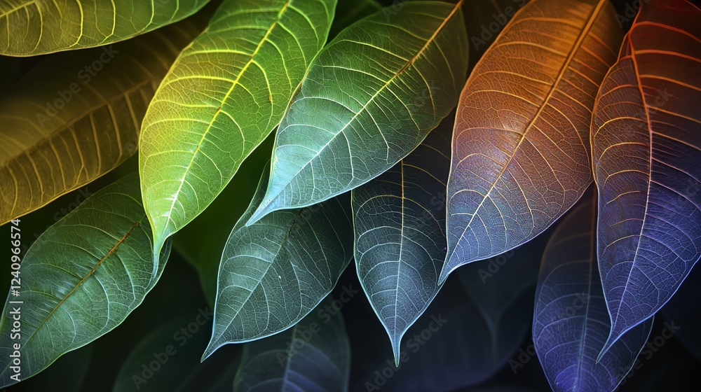 Obraz premium Vibrant tropical leaves in neon tones, creatively arranged, embodying nature-inspired energy and modern aesthetics