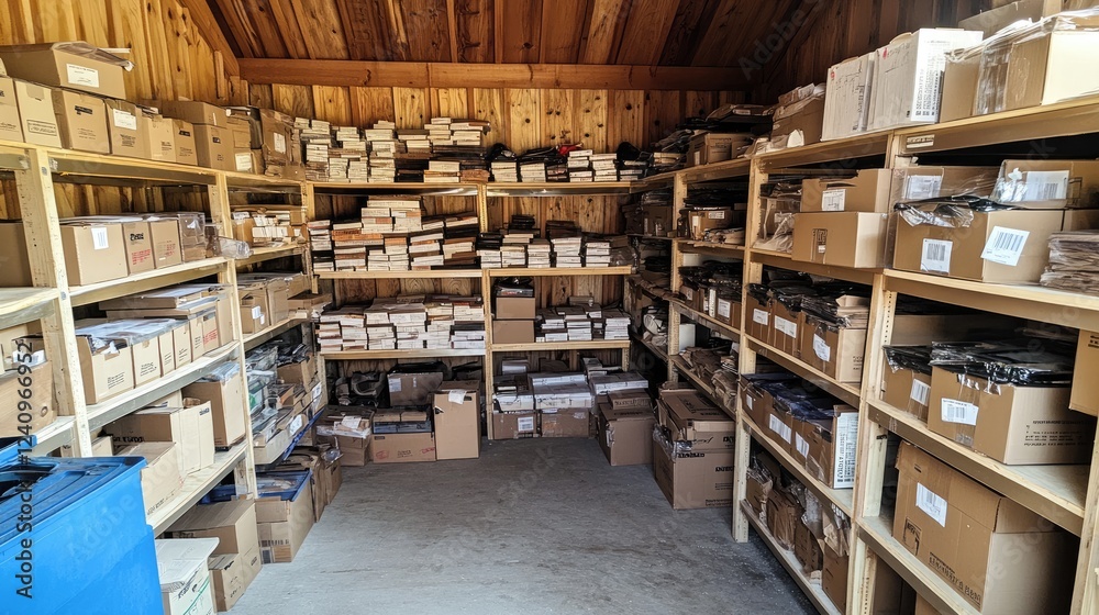 Obraz premium Loft storage area with labeled cardboard boxes on high shelves.