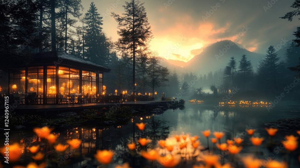 Lakeside restaurant sunset mountain view Lakeside restaurant sunset mountain view