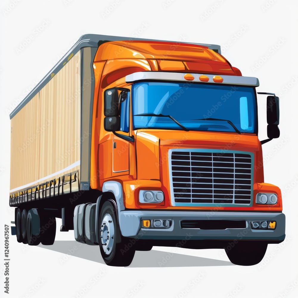 Bright Orange Truck with Yellow Trailer in Profile View on a Clean White Background Bright Orange Truck with Yellow Trailer in Profile View on a Clean White Background