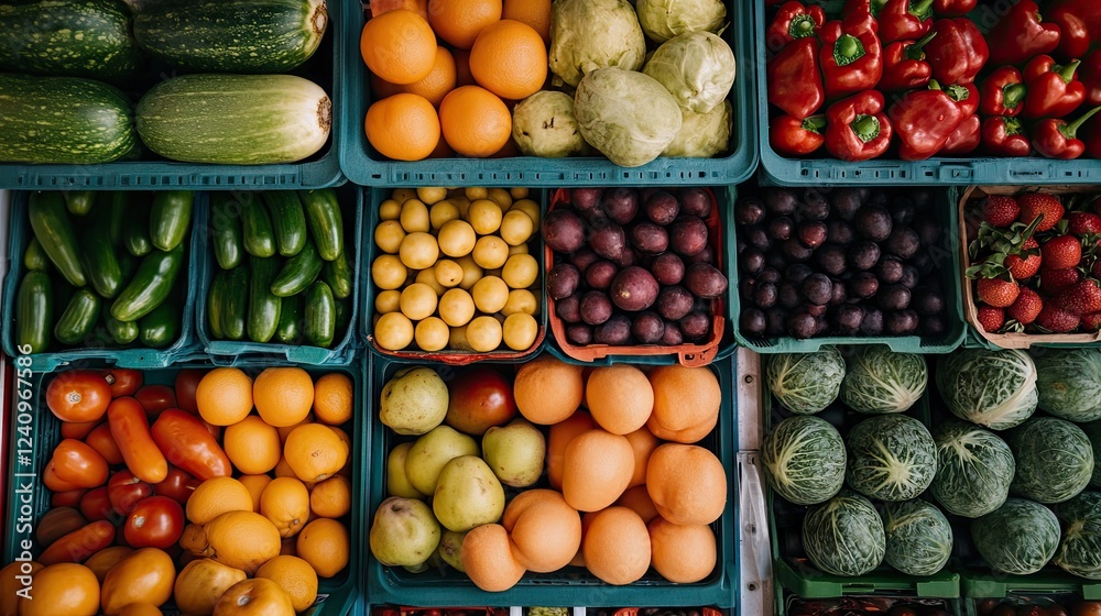 Front-facing view of an open refrigerator packed with fresh food, showcasing healthy fruits and vegetables Front-facing view of an open refrigerator packed with fresh food, showcasing healthy fruits and vegetables