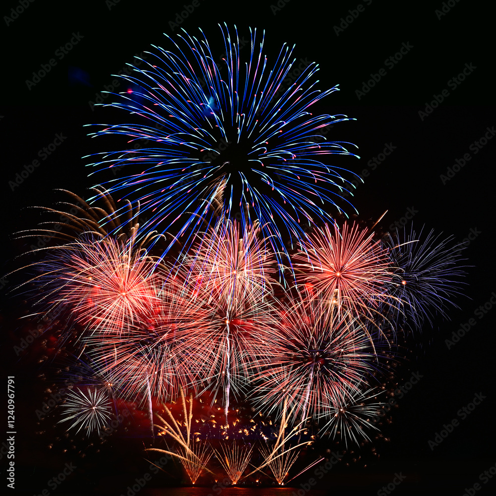 colourful firework display set for celebration happy new year and merry christmas and fireworks on black background
