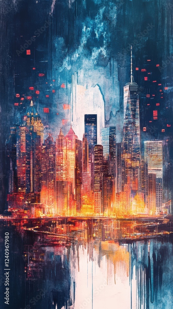 Fototapeta premium Dreamy watercolor cityscape blending world capitals, stock market symbols floating, economic powerhouses interlinked, investment bridges glowing. 