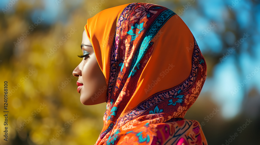 A person wearing a traditional Somali hijab, reflecting Somali pride, spirituality, and modesty with vibrant and beautiful designs. A person wearing a traditional Somali hijab, reflecting Somali pride, spirituality, and modesty with vibrant and beautiful designs.