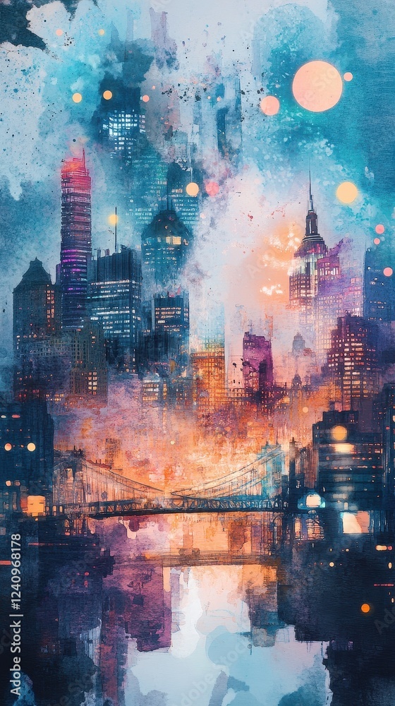 Fototapeta premium Dreamy watercolor cityscape blending world capitals, stock market symbols floating, economic powerhouses interlinked, investment bridges glowing. 