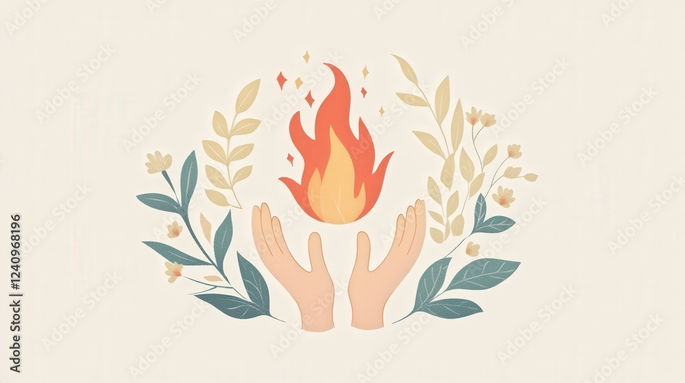 Fototapeta premium Simple Illustration of Two Hands Holding Up a Flame Surrounded by Leaves and Flowers in a Soft Color Palette
