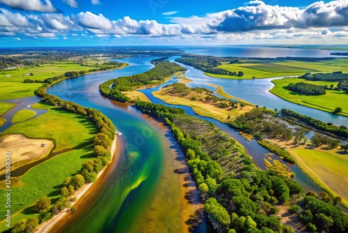 Aerial Drone View of Barwon River & Lake Connewarre, Barwon Heads, Victoria, Australia photo