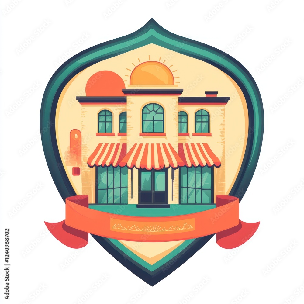 Obraz premium Charming storefront, sunset, shield badge, ribbon