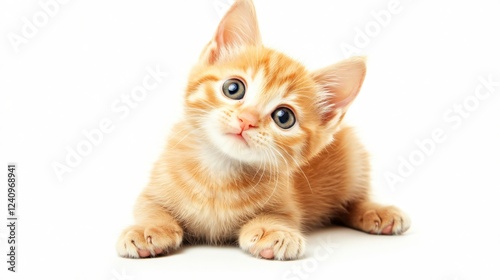 Fluffy Kitten with Wide Curious Eyes Sitting on White Background Adorable Head Tilted Towards Camera
