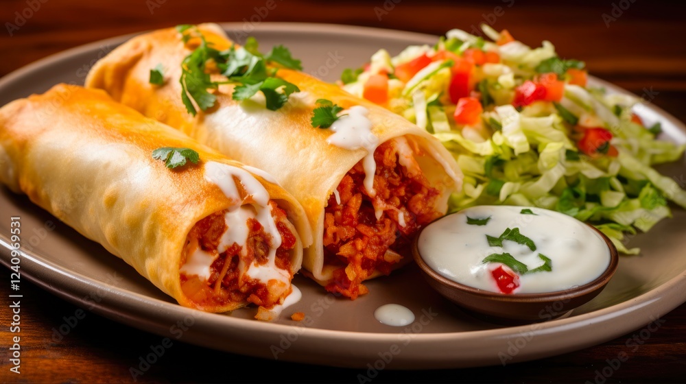 Cheesy Chicken Chimichangas with Melted Cheddar and Beans, Topped with Salsa - Perfect Dinner Meal Cheesy Chicken Chimichangas with Melted Cheddar and Beans, Topped with Salsa - Perfect Dinner Meal