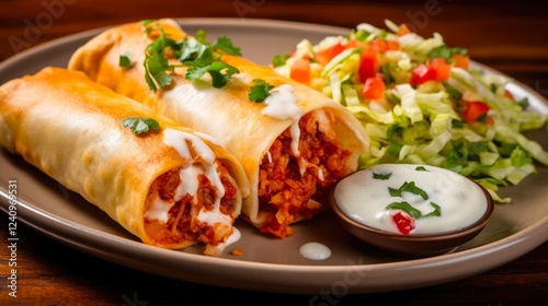 Cheesy Chicken Chimichangas with Melted Cheddar and Beans, Topped with Salsa - Perfect Dinner Meal photo