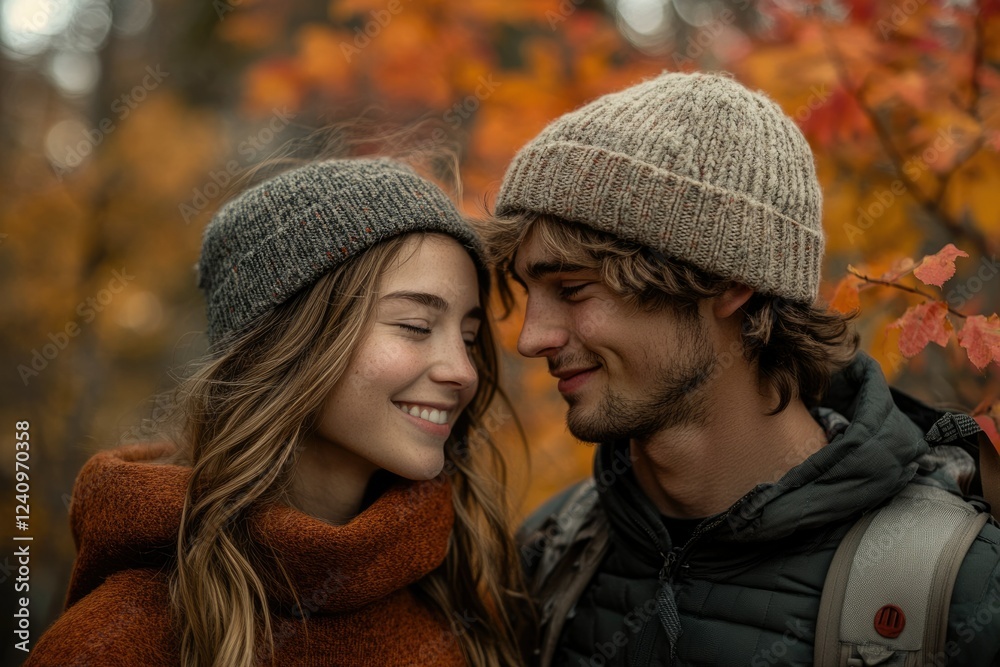 A couple in knit hats share a tender moment amidst the vibrant hues of an autumn forest. A couple in knit hats share a tender moment amidst the vibrant hues of an autumn forest.