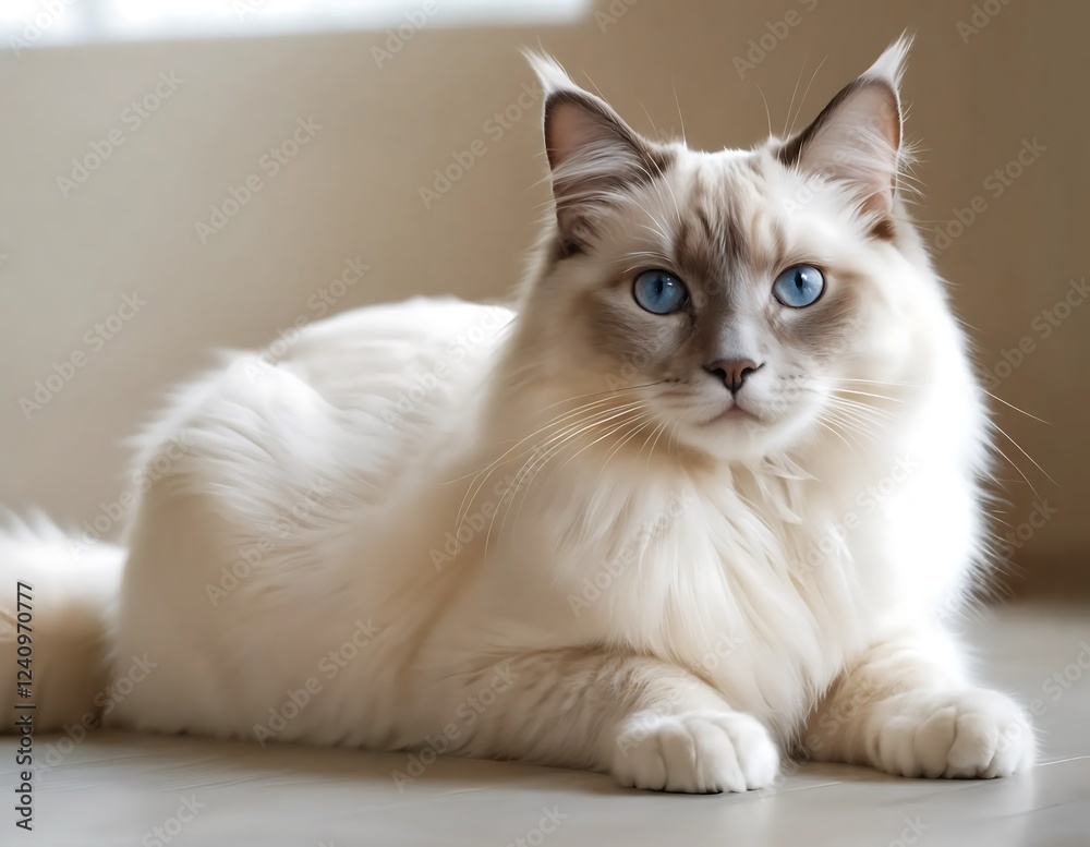 The Ragdoll cat with blue eyes lies on the floor and looks at the camera The Ragdoll cat with blue eyes lies on the floor and looks at the camera