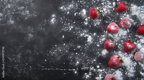 Fresh strawberries dusted with powdered sugar on dark surface create delightful and inviting scene. contrast of vibrant red berries against white sugar adds touch of elegance