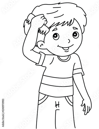 Cute cartoon hand drawn vector boy combing his hair coloring page.