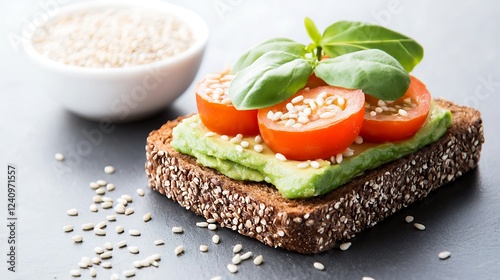 Delicious open-faced sandwich with avocado, tomato slices, sesame seeds, and fresh basil photo