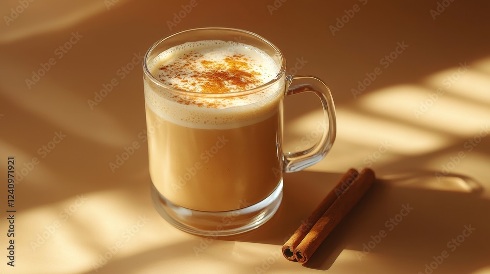 A warm, creamy beverage in a clear glass cup, topped with froth and a sprinkle of cinnamon, resting on a subtle, light-colored surface.