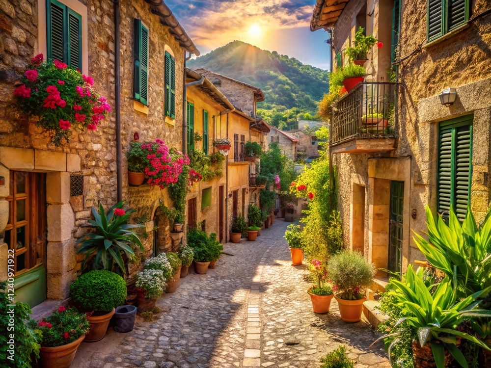 Fototapeta premium Charming Valldemossa, Mallorca: Picturesque Street Scene with Traditional Architecture