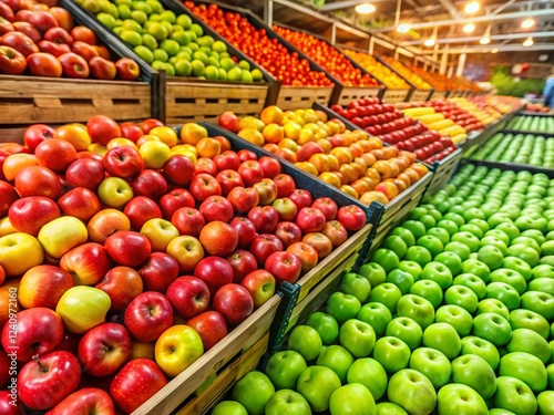 Aerial View of Apples in Supermarket Produce Section, Fresh Fruit Display