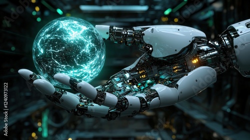Robotic Hand Holding a Glowing Orb of Energy in a High-Tech Environment
