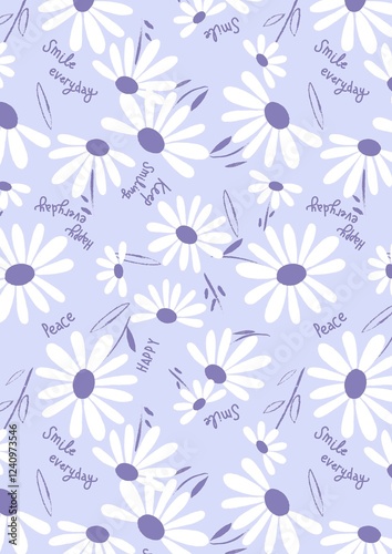 patron de flores blancas con petalos sobre fondo lavanda