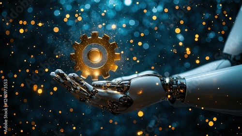 Futuristic Robot Hand Holding a Shiny Gear Under Vibrant Bokeh Background with Enhanced Depth of Field