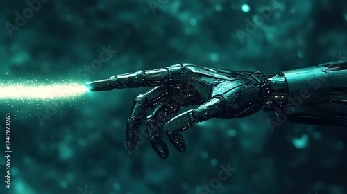 Robotic Hand Creating Energy Beam in Futuristic Environment with Artificial Intelligence Theme