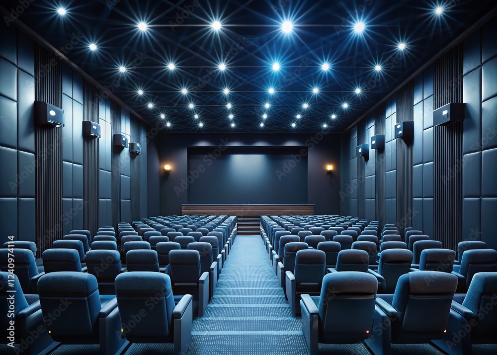 Cinematic Night: Empty Movie Theater Interior, Dark Screen, Ambient Lighting Cinematic Night: Empty Movie Theater Interior, Dark Screen, Ambient Lighting