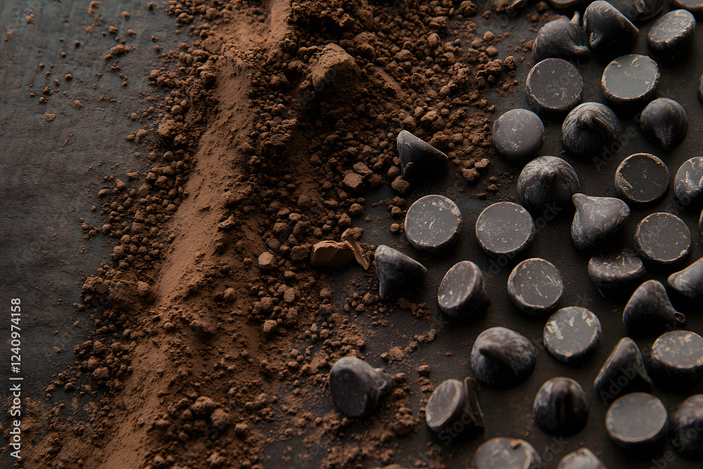Obraz A close-up of chocolate and cocoa powder on the table, with some pieces scattered around. The background is blurred to highlight the details
